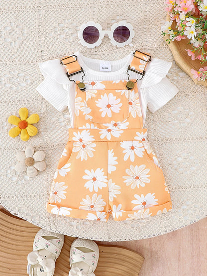 2025 Summer New Girl Baby Outdoor Casual Two-Piece Set Solid Color Short Sleeve Top Cute Cartoon Print Lace Strap Pants Children