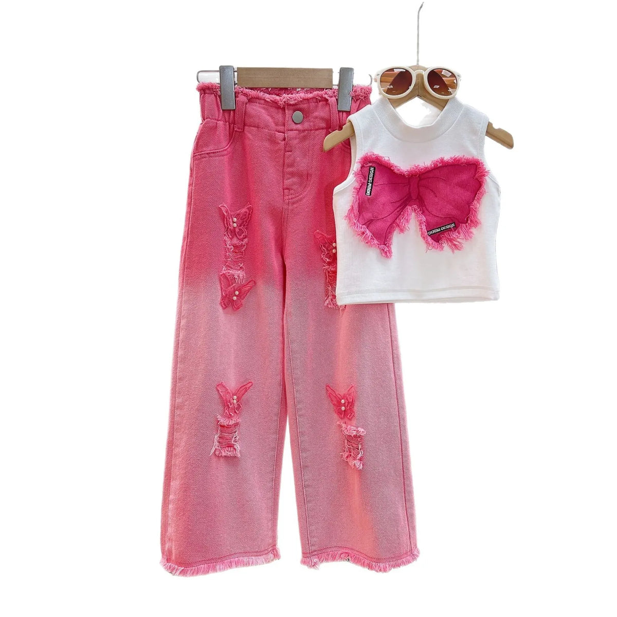 Girls' Summer Two-Piece Suit Sleeveless Ripped Jeans with Floral Denim for Older Children