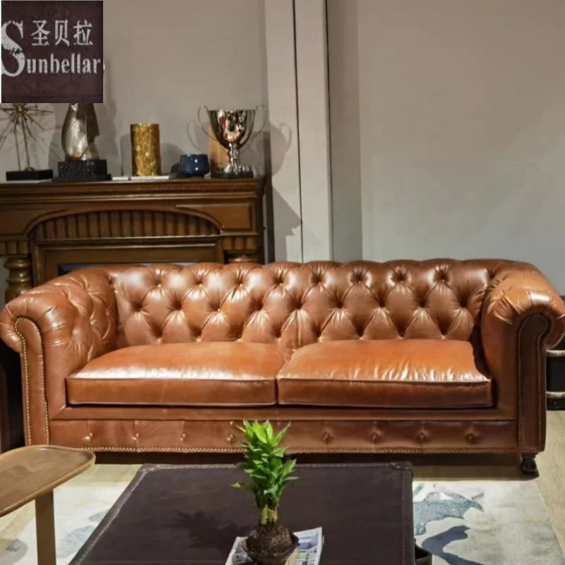 Antique High Quality Vintage Genuine Leather Chesterfield Sofa Set 100% Top Grain Leather Tufted Sponge Luxury Living Room