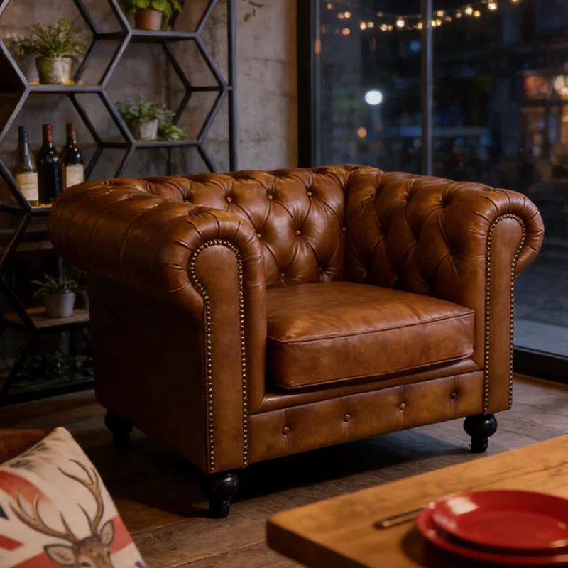 Antique High Quality Vintage Genuine Leather Chesterfield Sofa Set 100% Top Grain Leather Tufted Sponge Luxury Living Room