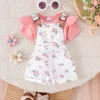 2025 Summer New Girl Baby Outdoor Casual Two-Piece Set Solid Color Short Sleeve Top Cute Cartoon Print Lace Strap Pants Children