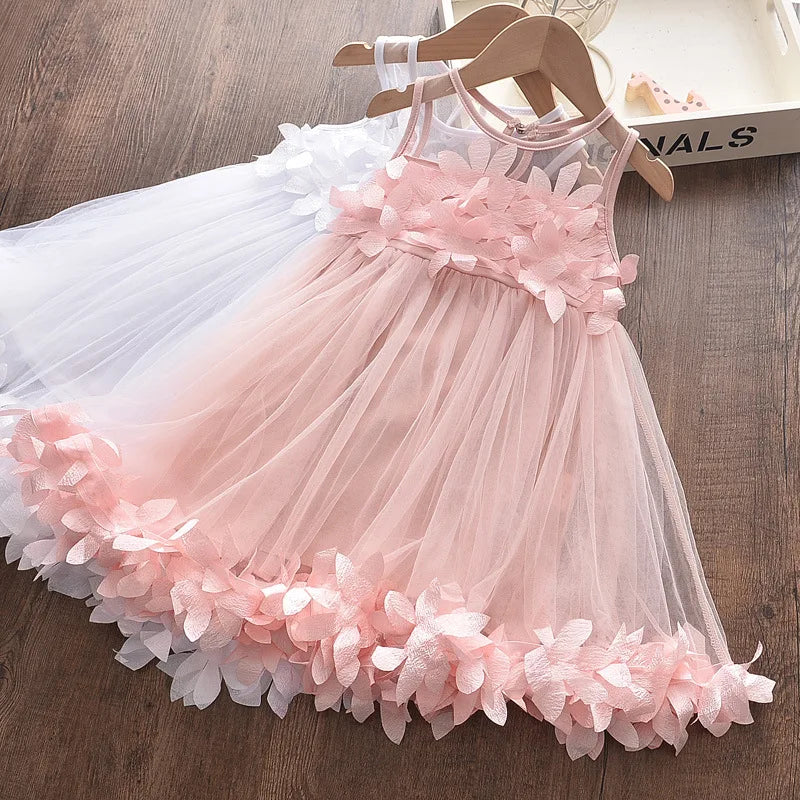 Summer Tank Sleeveless Girls Dresses Sweet Princess Baby Kids Clothing Party Children White Pink Applique EAZ666