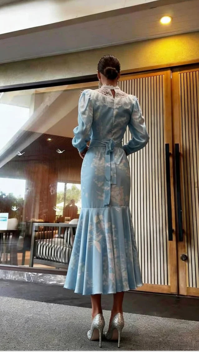 Light Blue Floral Satin Maxi Dress with Lace Collar Elegant Long Sleeve Mermaid Dress for Women