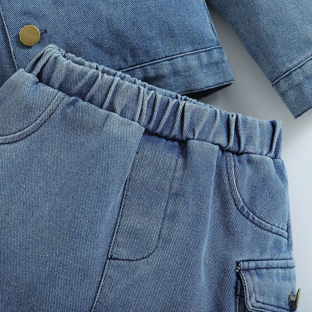 Autumn Spring Girls Clothing Set Casual Cotton Denim with Long Sleeve Jacket and Flared Pants Solid Color for Children