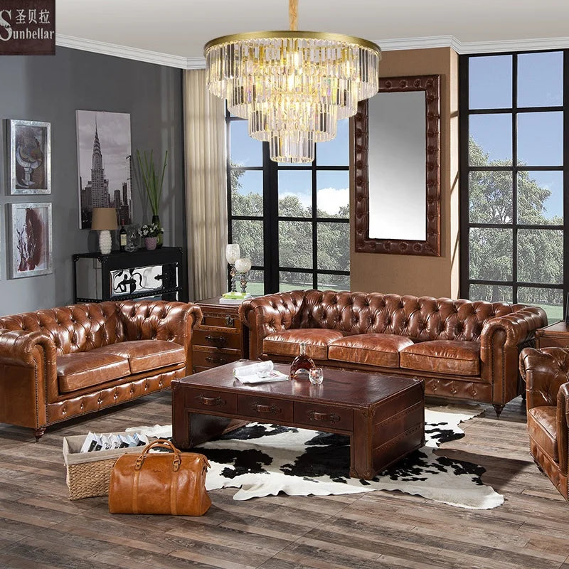 Antique High Quality Vintage Genuine Leather Chesterfield Sofa Set 100% Top Grain Leather Tufted Sponge Luxury Living Room