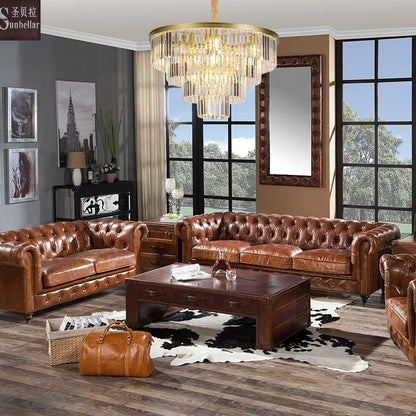 Antique High Quality Vintage Genuine Leather Chesterfield Sofa Set 100% Top Grain Leather Tufted Sponge Luxury Living Room