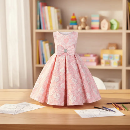 Kids 2-14 Years Birthday Party Flower-Girls Wedding Gown Children Graduation Evening O-Neck Embroidery Crystal Bow Princess