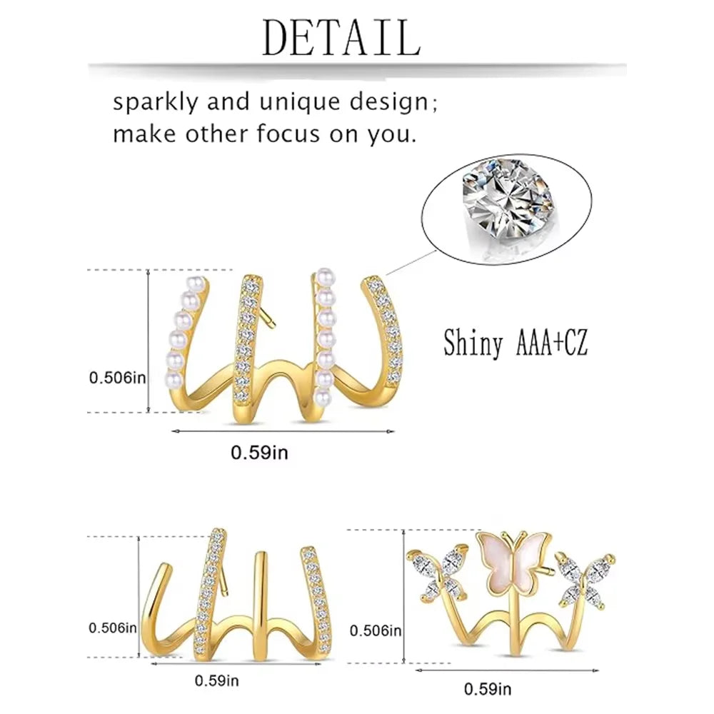 ZF Gold Zircon Butterfly Claw Piercing Stud Set Elegant Minimalist Dinner Party Women Fashion Jewelry Accessories
