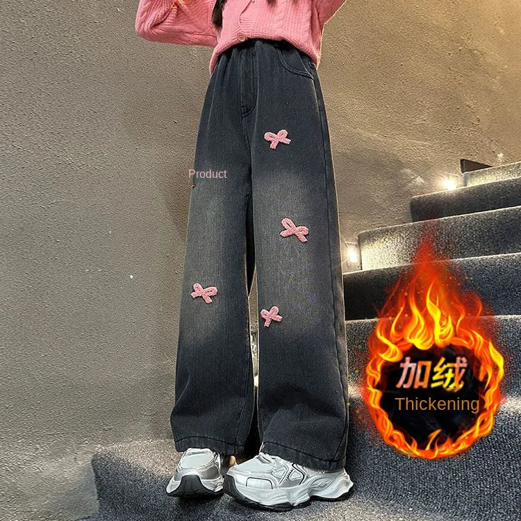 Winter New Girls' Thickened Straight Pants Loose Wide Leg Fleece-Lined Denim Pants for Large Children Embroidered Casual Washed