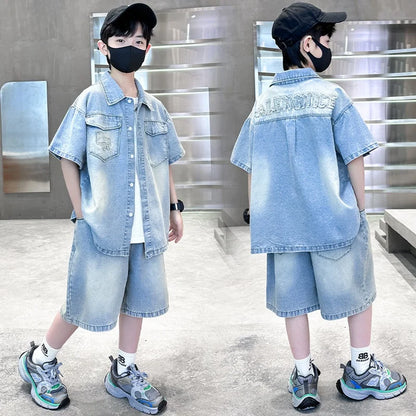 Children and Boys Summer Cowboy Suit Denim 2026 New Two-piece Thin Short Medium/Large Explosions
