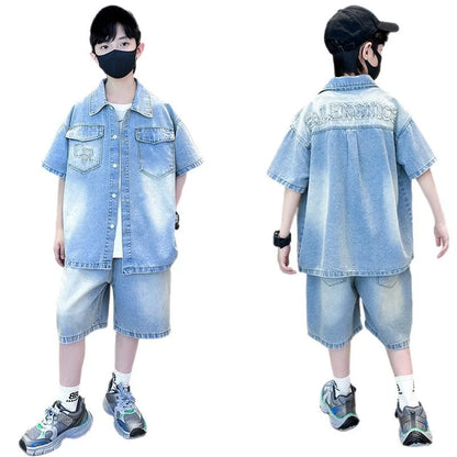 Children and Boys Summer Cowboy Suit Denim 2026 New Two-piece Thin Short Medium/Large Explosions