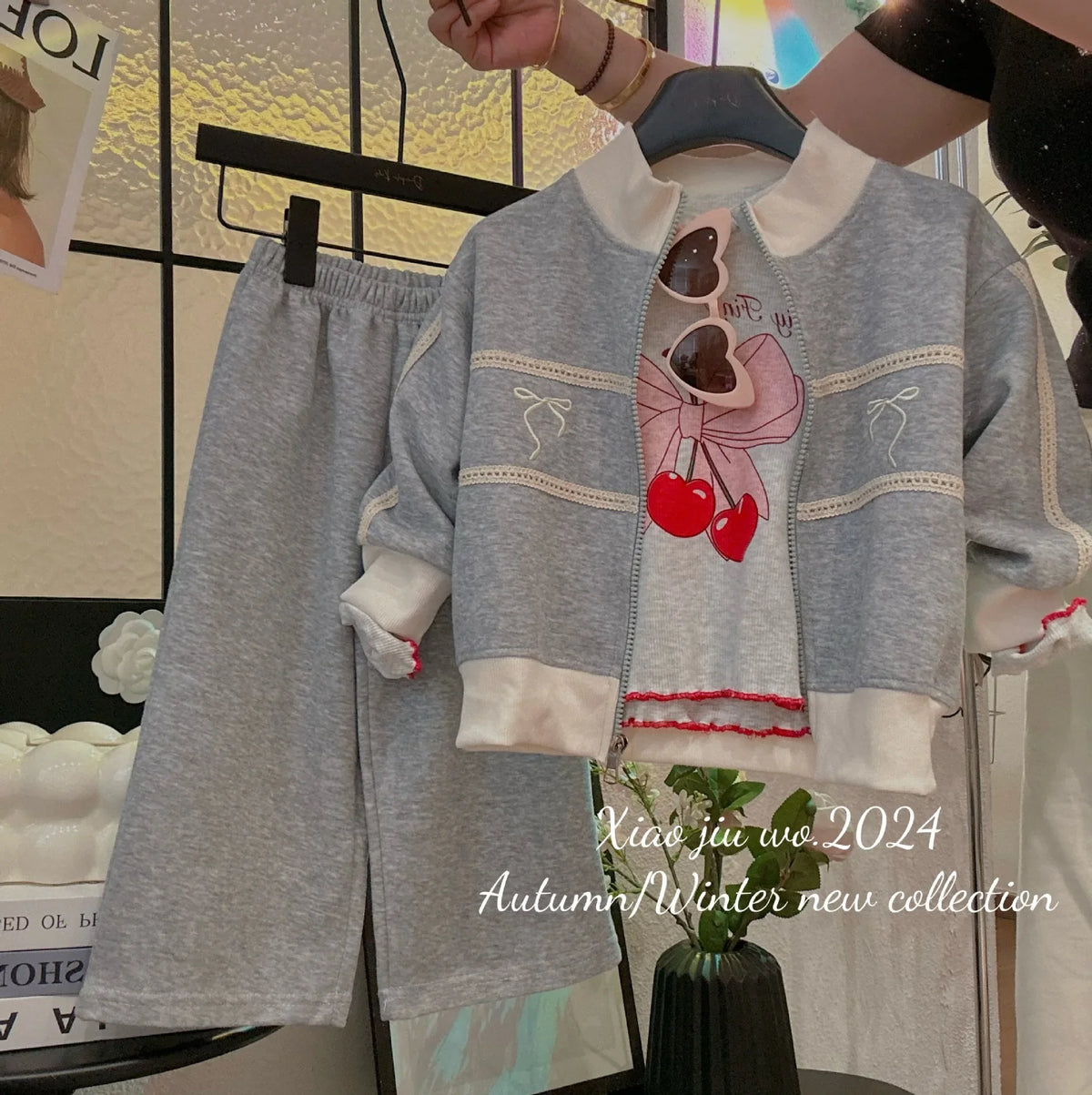 Spring and Autumn 1-12 Year Old Girls Set Korean Bowknot Pure Color Baby Set 25 New Korean Medium and Large Children 2-piece Set