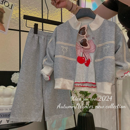 Spring and Autumn 1-12 Year Old Girls Set Korean Bowknot Pure Color Baby Set 25 New Korean Medium and Large Children 2-piece Set