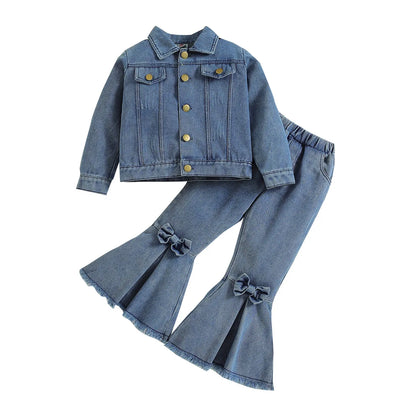 Autumn Spring Girls Clothing Set Casual Cotton Denim with Long Sleeve Jacket and Flared Pants Solid Color for Children