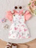 2025 Summer New Girl Baby Outdoor Casual Two-Piece Set Solid Color Short Sleeve Top Cute Cartoon Print Lace Strap Pants Children