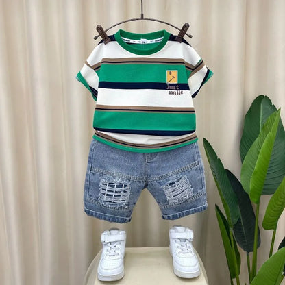 Boys Summer  New Boutique Design Outfits CottonSet Baby Boys Short Sleeve Shirt Jeans Shorts 2pcsClothing Children 67 8Y