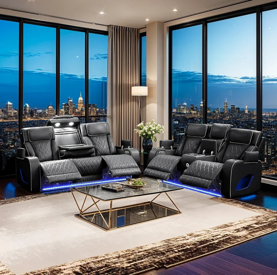 Modern Style Upholstery Recliner 2PC Livingroom  Made with Wood & Massage Function Included-Black