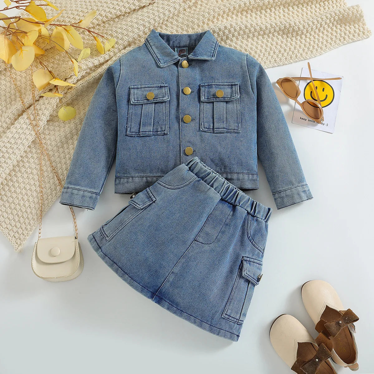 Autumn Spring Girls Clothing Set Casual Cotton Denim with Long Sleeve Jacket and Flared Pants Solid Color for Children