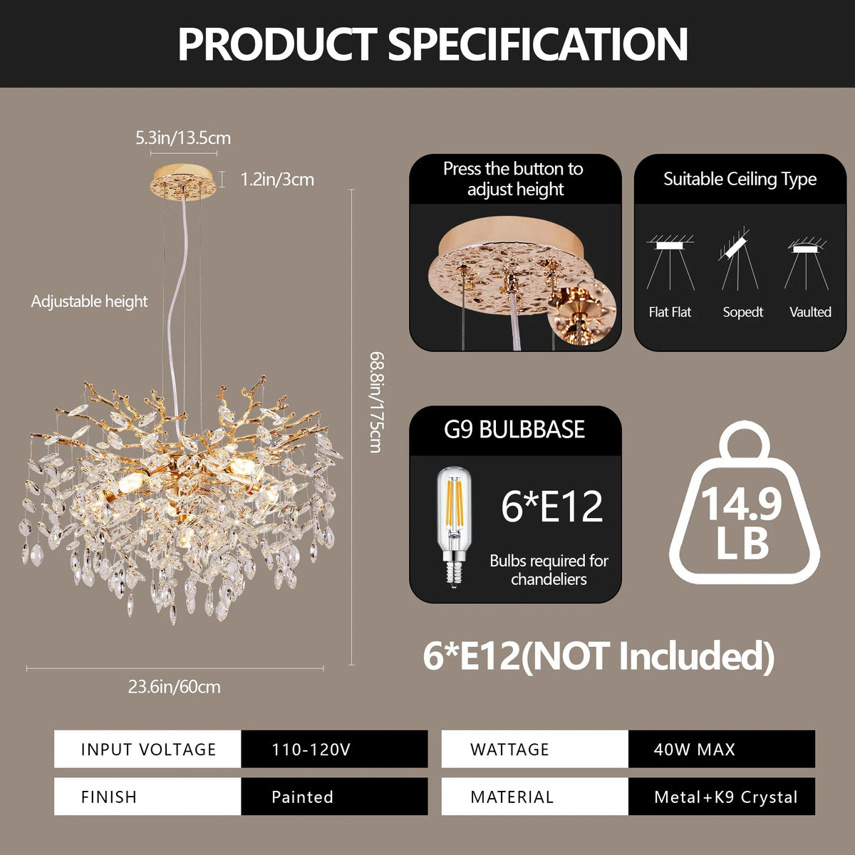 Modern Tree Branch Crystal Chandelier Luxury Gold Crystal Pendant Lighting 23.6" Contemporary 6 Light Chandeliers for LivingRoom