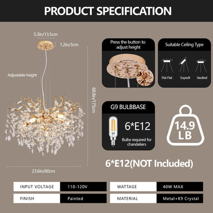 Modern Tree Branch Crystal Chandelier Luxury Gold Crystal Pendant Lighting 23.6" Contemporary 6 Light Chandeliers for LivingRoom