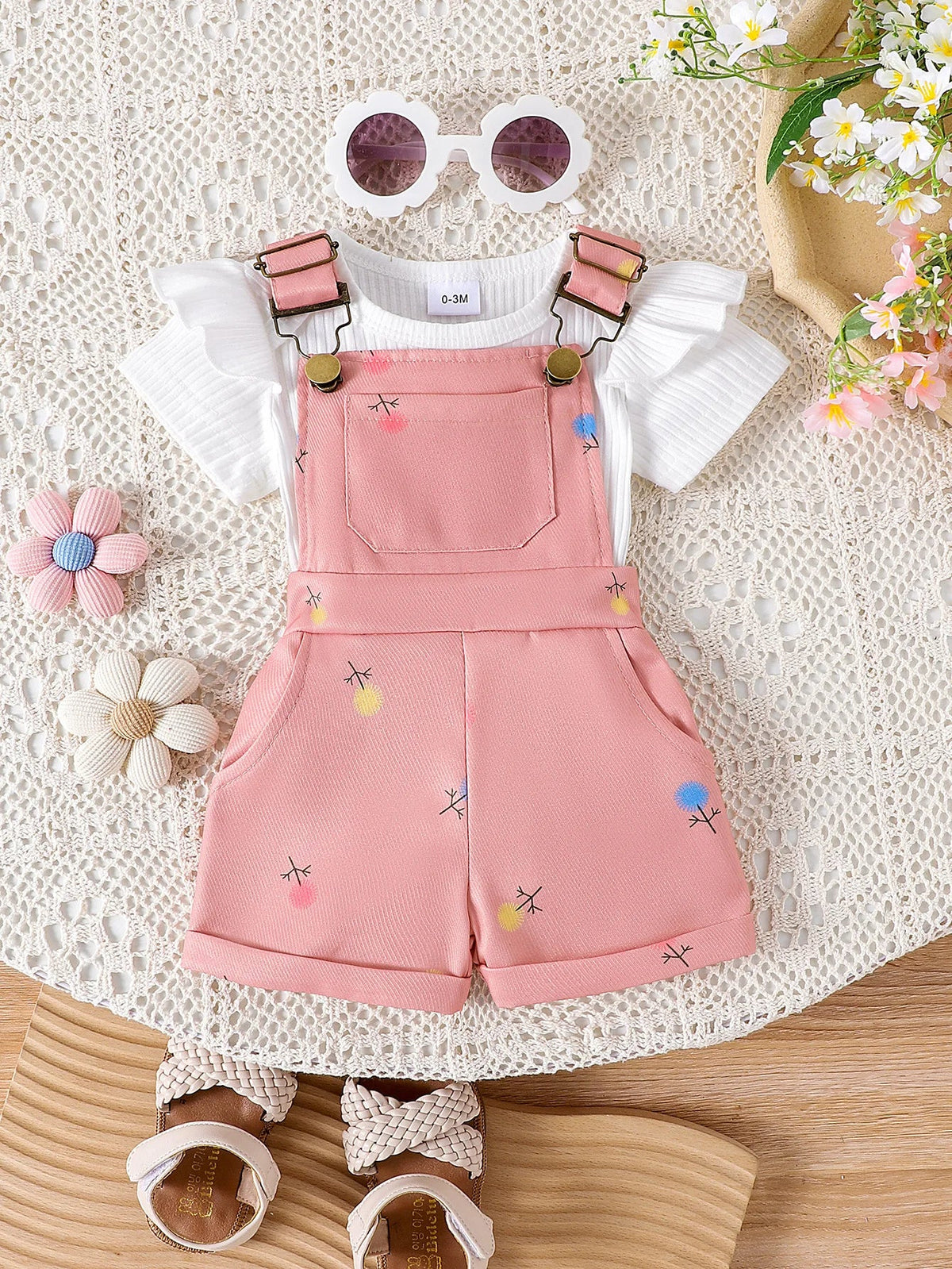 2025 Summer New Girl Baby Outdoor Casual Two-Piece Set Solid Color Short Sleeve Top Cute Cartoon Print Lace Strap Pants Children