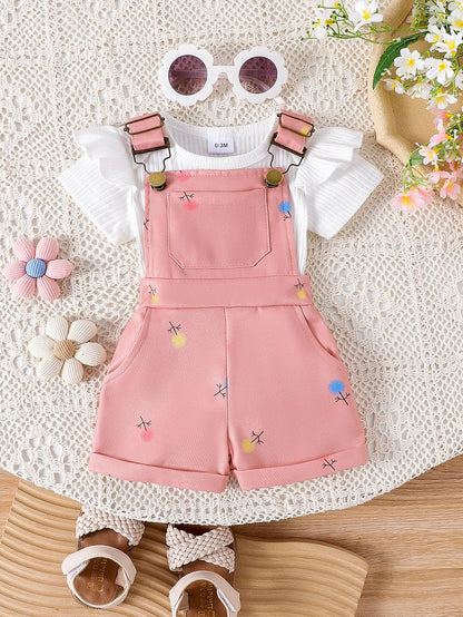 2025 Summer New Girl Baby Outdoor Casual Two-Piece Set Solid Color Short Sleeve Top Cute Cartoon Print Lace Strap Pants Children