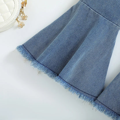 Autumn Spring Girls Clothing Set Casual Cotton Denim with Long Sleeve Jacket and Flared Pants Solid Color for Children
