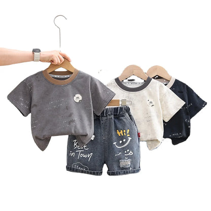 2026 LY New Summer Korean Style Cartoon Woven Loose Casual Short Sleeve 100% Cotton T-Shirt Gold-embossed Logo Young Children