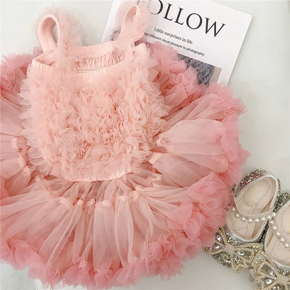 Girls Summer Casual Princess Tutu Puffy Yarn Knitting Printed Dress Polyester/Cotton Material Children 3-8 Years 1-Year Birthday