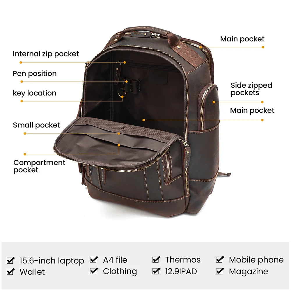 Men's Retro Luxury Fashion Style Leather Daypack for Travel and School Luxury Leather Bagpack for Men