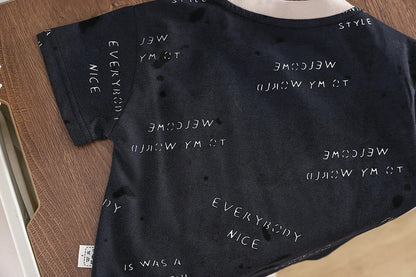 2026 LY New Summer Korean Style Cartoon Woven Loose Casual Short Sleeve 100% Cotton T-Shirt Gold-embossed Logo Young Children