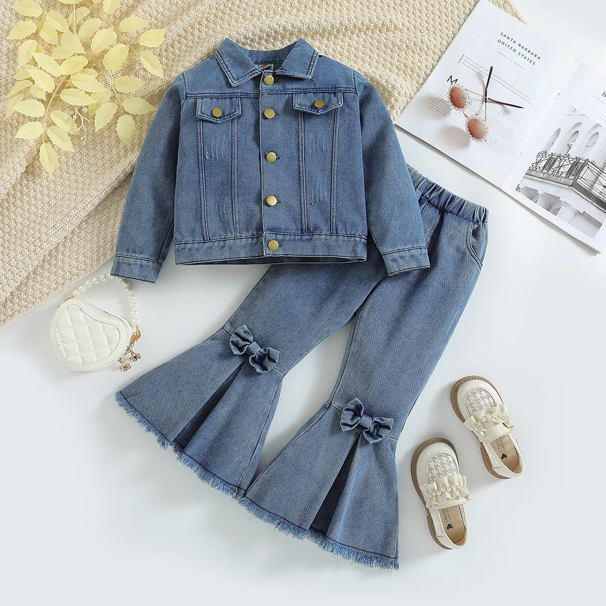 Autumn Spring Girls Clothing Set Casual Cotton Denim with Long Sleeve Jacket and Flared Pants Solid Color for Children