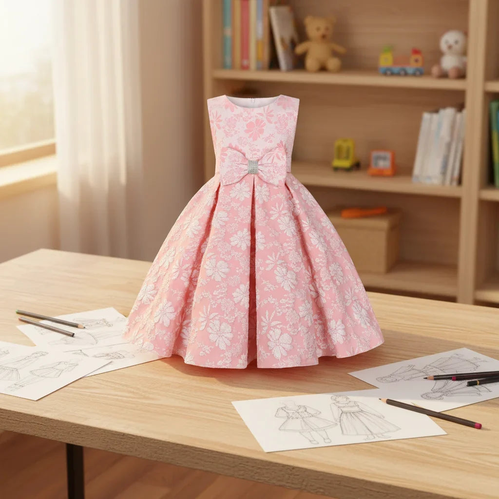 Kids 2-14 Years Birthday Party Flower-Girls Wedding Gown Children Graduation Evening O-Neck Embroidery Crystal Bow Princess