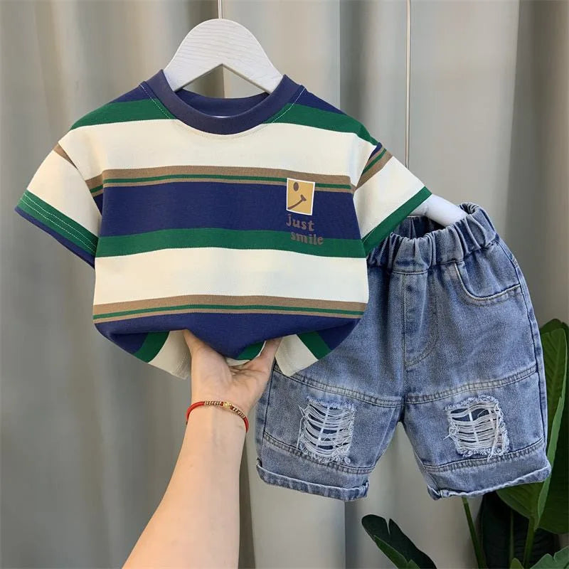 Boys Summer  New Boutique Design Outfits CottonSet Baby Boys Short Sleeve Shirt Jeans Shorts 2pcsClothing Children 67 8Y