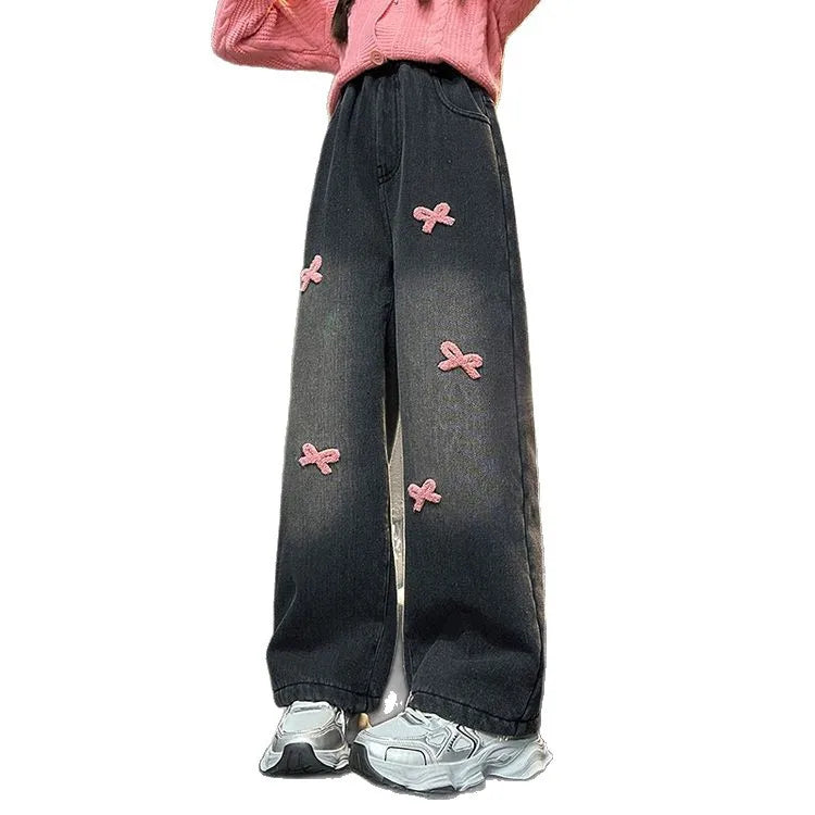 Winter New Girls' Thickened Straight Pants Loose Wide Leg Fleece-Lined Denim Pants for Large Children Embroidered Casual Washed