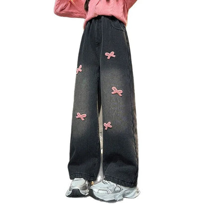 Winter New Girls' Thickened Straight Pants Loose Wide Leg Fleece-Lined Denim Pants for Large Children Embroidered Casual Washed