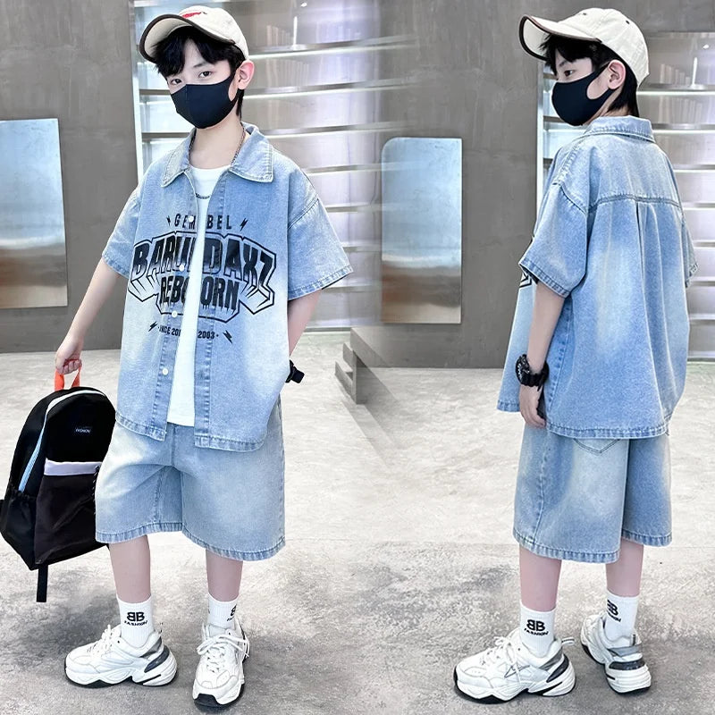 Children and Boys Summer Cowboy Suit Denim 2026 New Two-piece Thin Short Medium/Large Explosions