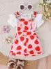 2025 Summer New Girl Baby Outdoor Casual Two-Piece Set Solid Color Short Sleeve Top Cute Cartoon Print Lace Strap Pants Children