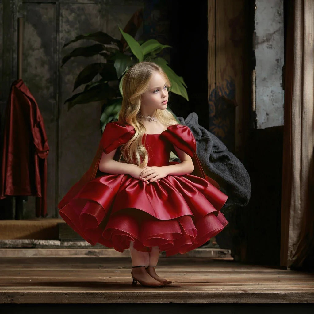 High Quality Girls Wine Red Princess Dress Skirt Bowknot Elegant O-Neck Gown for Birthday Piano Performance for Children