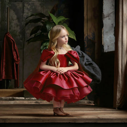 High Quality Girls Wine Red Princess Dress Skirt Bowknot Elegant O-Neck Gown for Birthday Piano Performance for Children