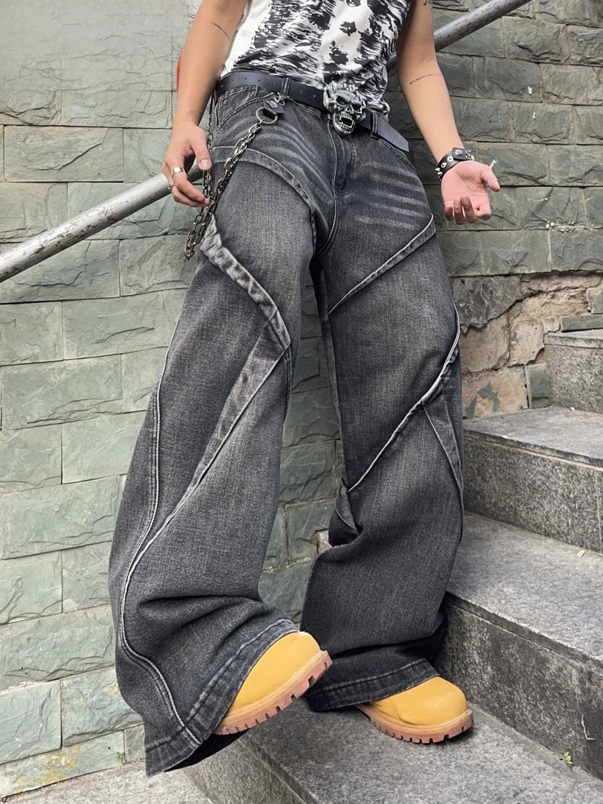 Men's Baggy Jeans Streetwear Contrast Stitching Wide Leg Denim Pants  Loose Fit Jeans for Men