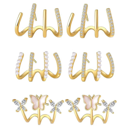 ZF Gold Zircon Butterfly Claw Piercing Stud Set Elegant Minimalist Dinner Party Women Fashion Jewelry Accessories