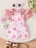 2025 Summer New Girl Baby Outdoor Casual Two-Piece Set Solid Color Short Sleeve Top Cute Cartoon Print Lace Strap Pants Children