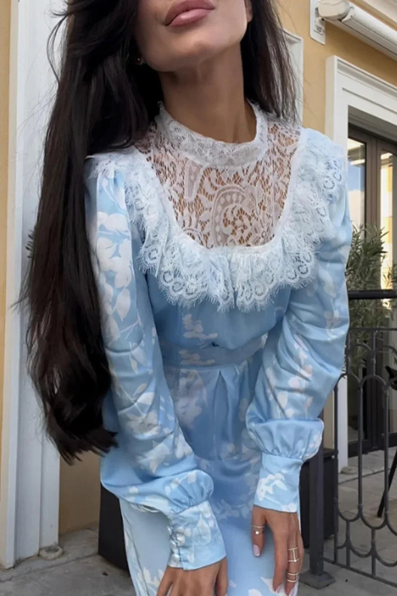 Light Blue Floral Satin Maxi Dress with Lace Collar Elegant Long Sleeve Mermaid Dress for Women