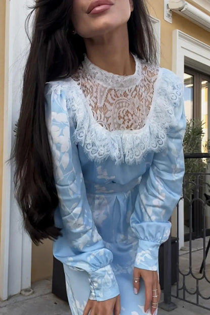 Light Blue Floral Satin Maxi Dress with Lace Collar Elegant Long Sleeve Mermaid Dress for Women