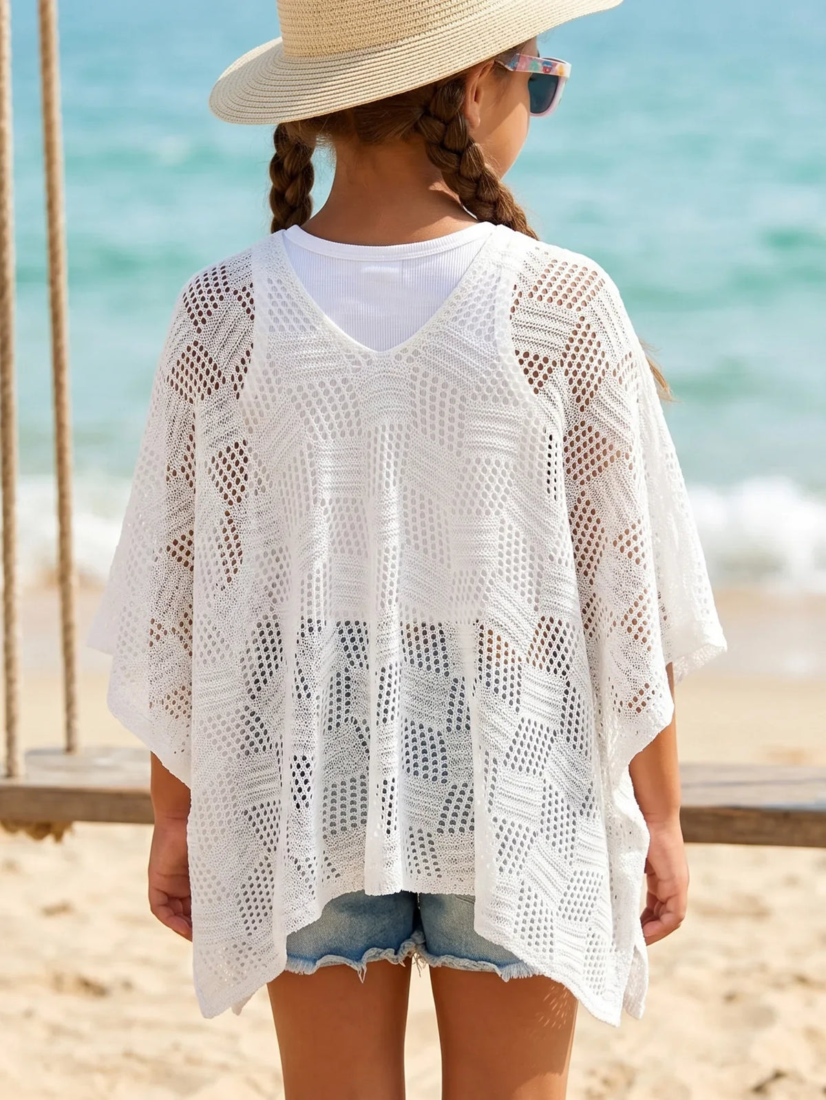 Wholesale Kids Poncho Swimwear Cover up Multi-Way Wear Children Hollow Out Loose Fit Beach Vacation Outdoor Top 6-12 Years