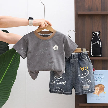2026 LY New Summer Korean Style Cartoon Woven Loose Casual Short Sleeve 100% Cotton T-Shirt Gold-embossed Logo Young Children