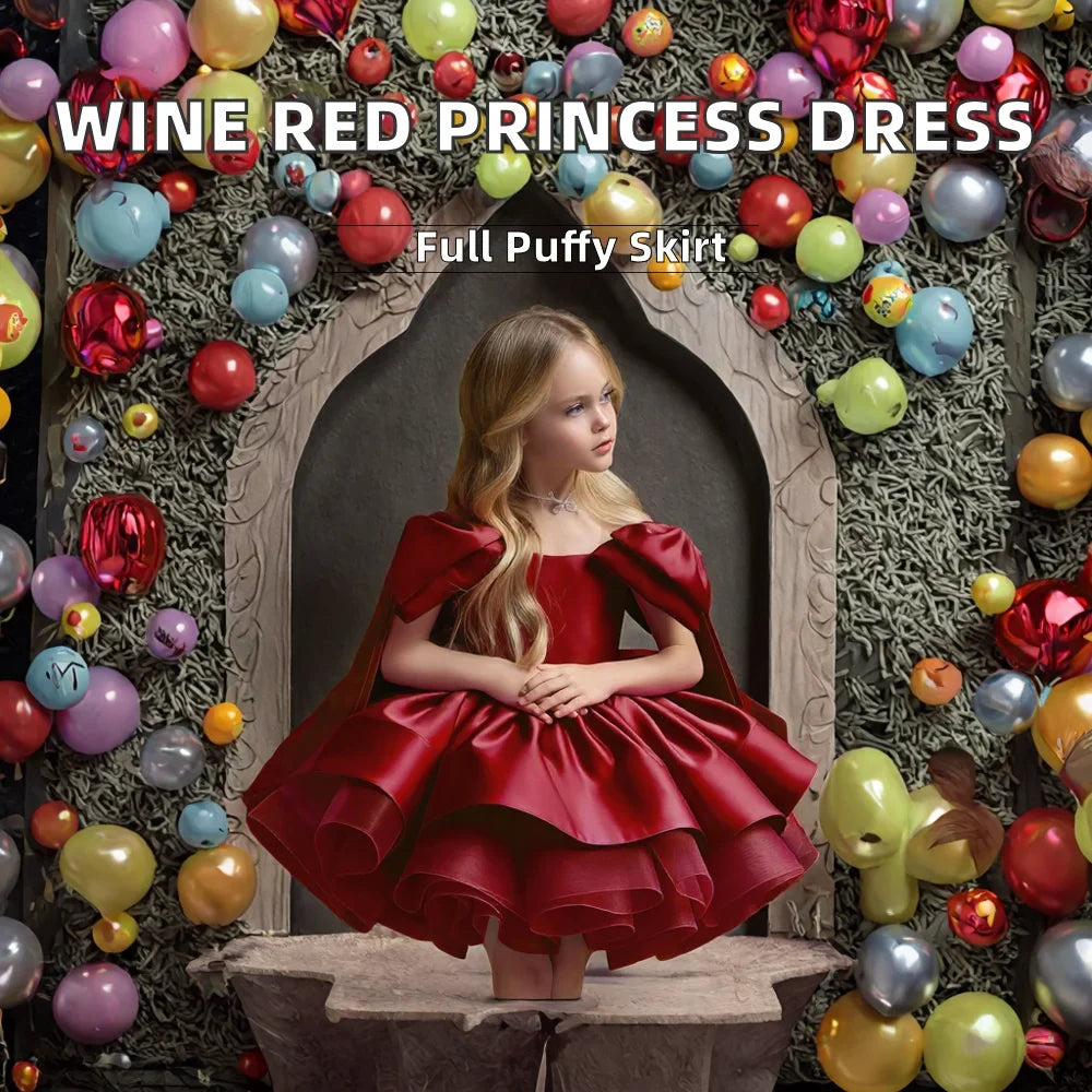 High Quality Girls Wine Red Princess Dress Skirt Bowknot Elegant O-Neck Gown for Birthday Piano Performance for Children