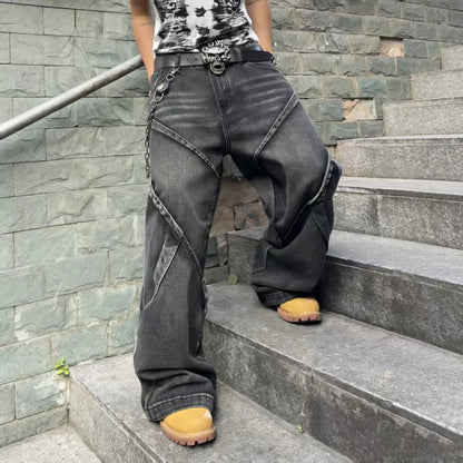Men's Baggy Jeans Streetwear Contrast Stitching Wide Leg Denim Pants  Loose Fit Jeans for Men