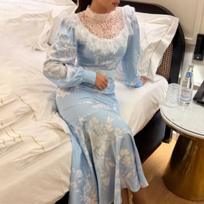 Light Blue Floral Satin Maxi Dress with Lace Collar Elegant Long Sleeve Mermaid Dress for Women